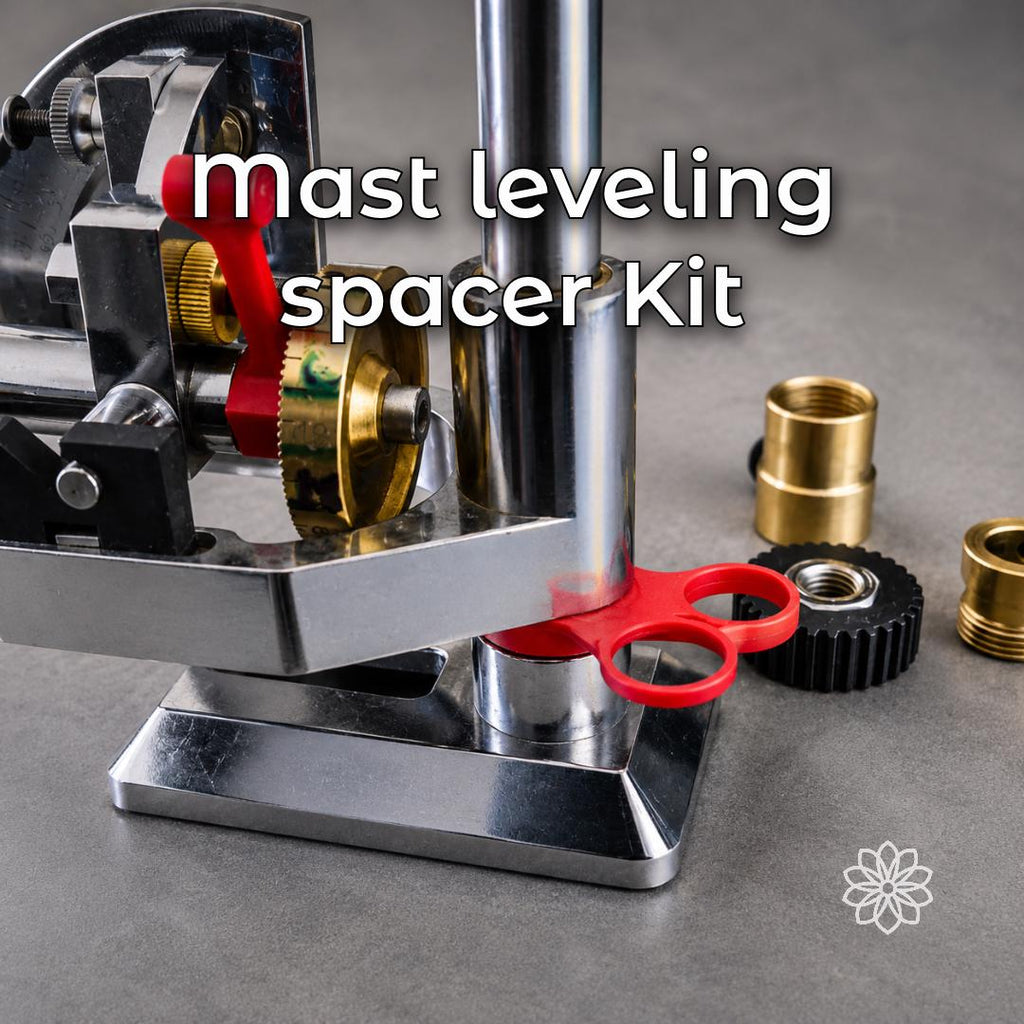 Red mast leveling spacer installed around the VEVOR faceting machine mast with brass spacers and machine hardware nearby. Lapidary alignment accessory for leveling the mast, improving faceting setup, and supporting accurate gemstone cutting.