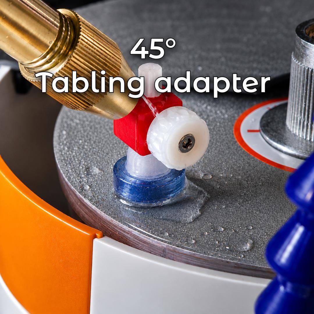 Red and white 45 degree tabling adapter mounted on a VEVOR faceting machine lap with a brass quill and dop stick. Lapidary accessory for cutting gemstone tables, faceting calibration, dop alignment, and precision stone polishing.