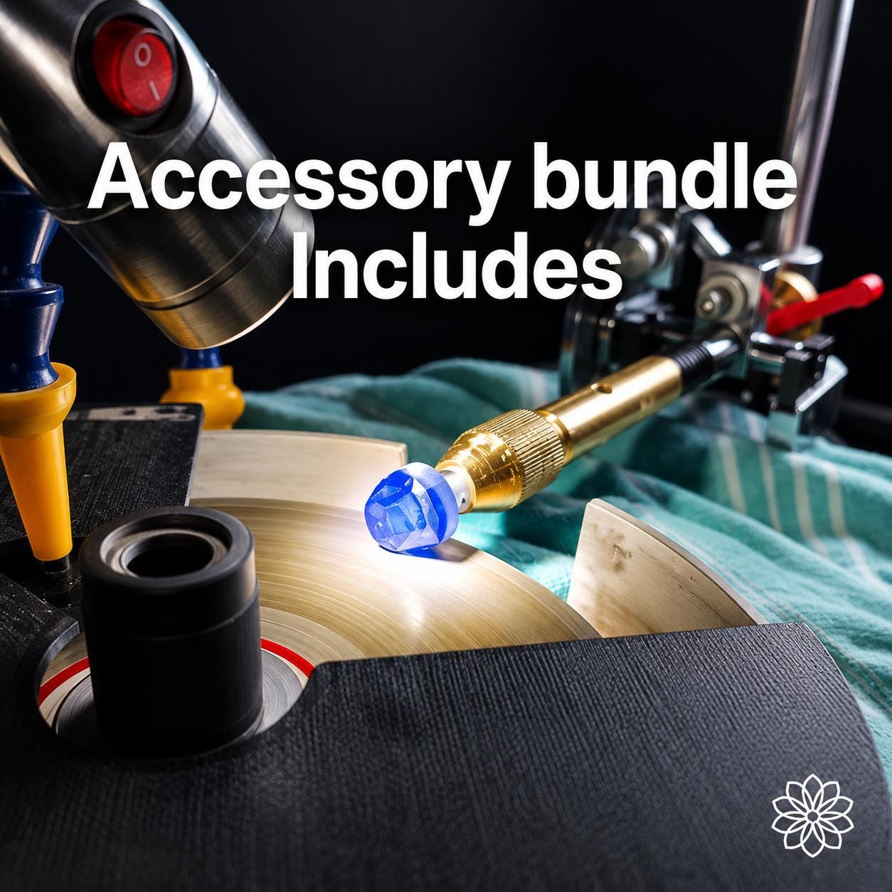 Faceted blue gemstone mounted on a brass dop stick against a spinning lap on a VEVOR faceting machine. Accessory bundle for lapidary faceting, gemstone cutting, water control, dop alignment, and precision polishing workflows.