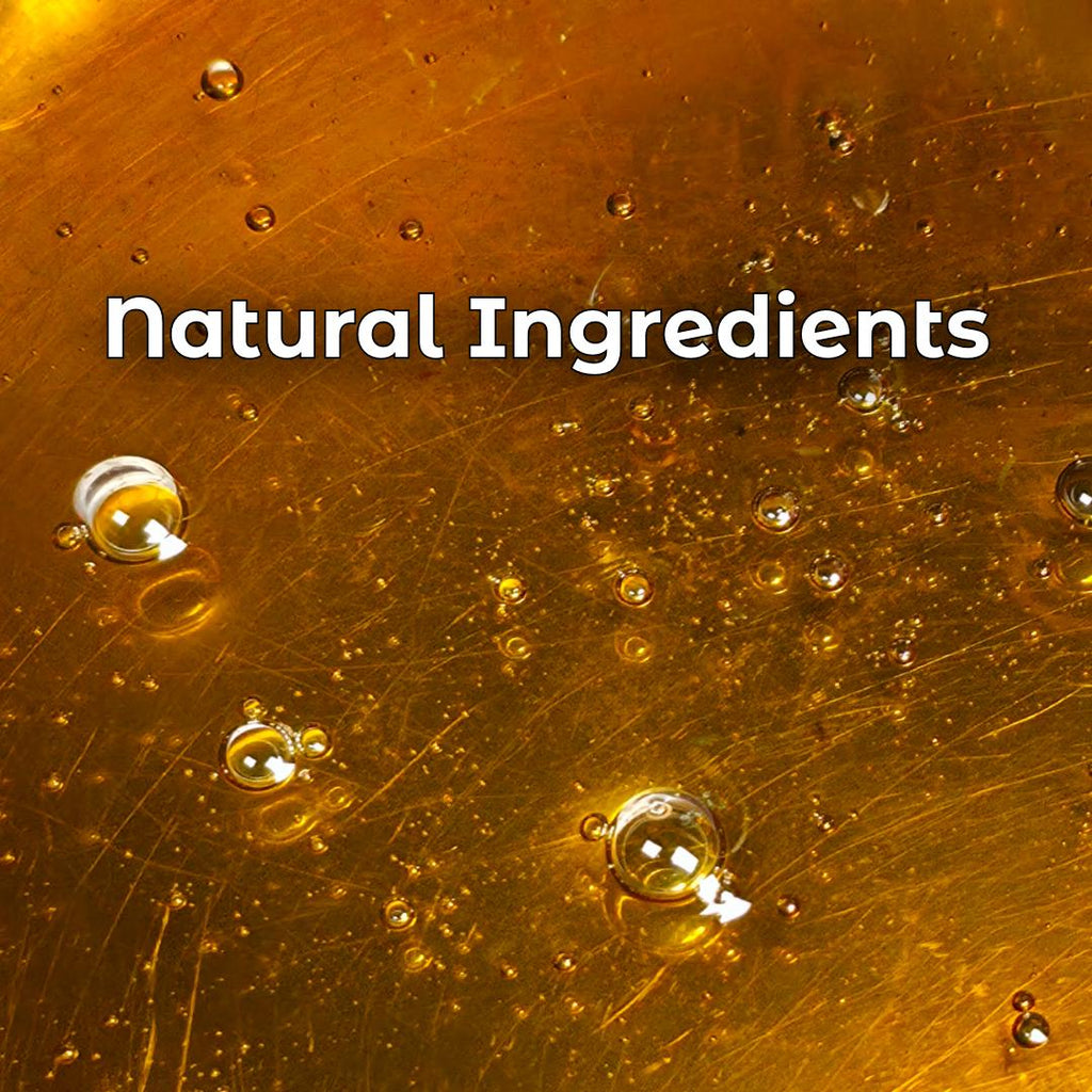 Macro close-up of amber resin with bubbles and visible text reading “Natural Ingredients,” highlighting the natural pine and cedar resin used in Rockhounder’s Salve.