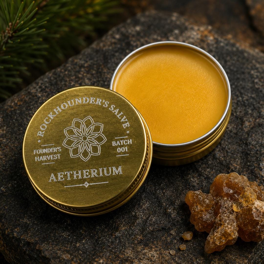 Rockhounder’s Salve in engraved gold tin beside an open tin of golden pine and cedar hand balm, shown on dark stone with raw amber resin and pine greenery for a rugged outdoor product setting.