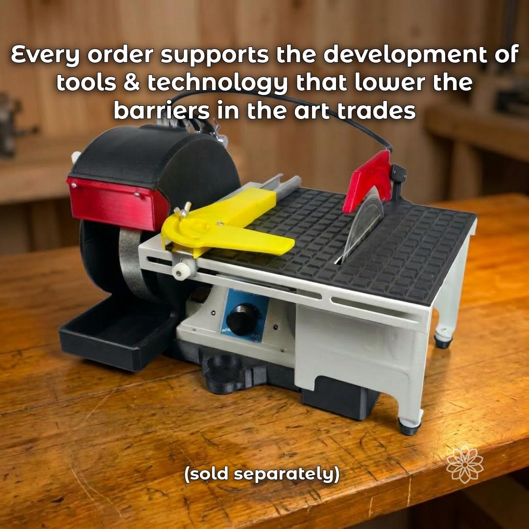 Aetherium lapidary cabbing machine shown with text about supporting tools and technology that lower barriers in the art trades, connecting each order to the brand’s maker mission.