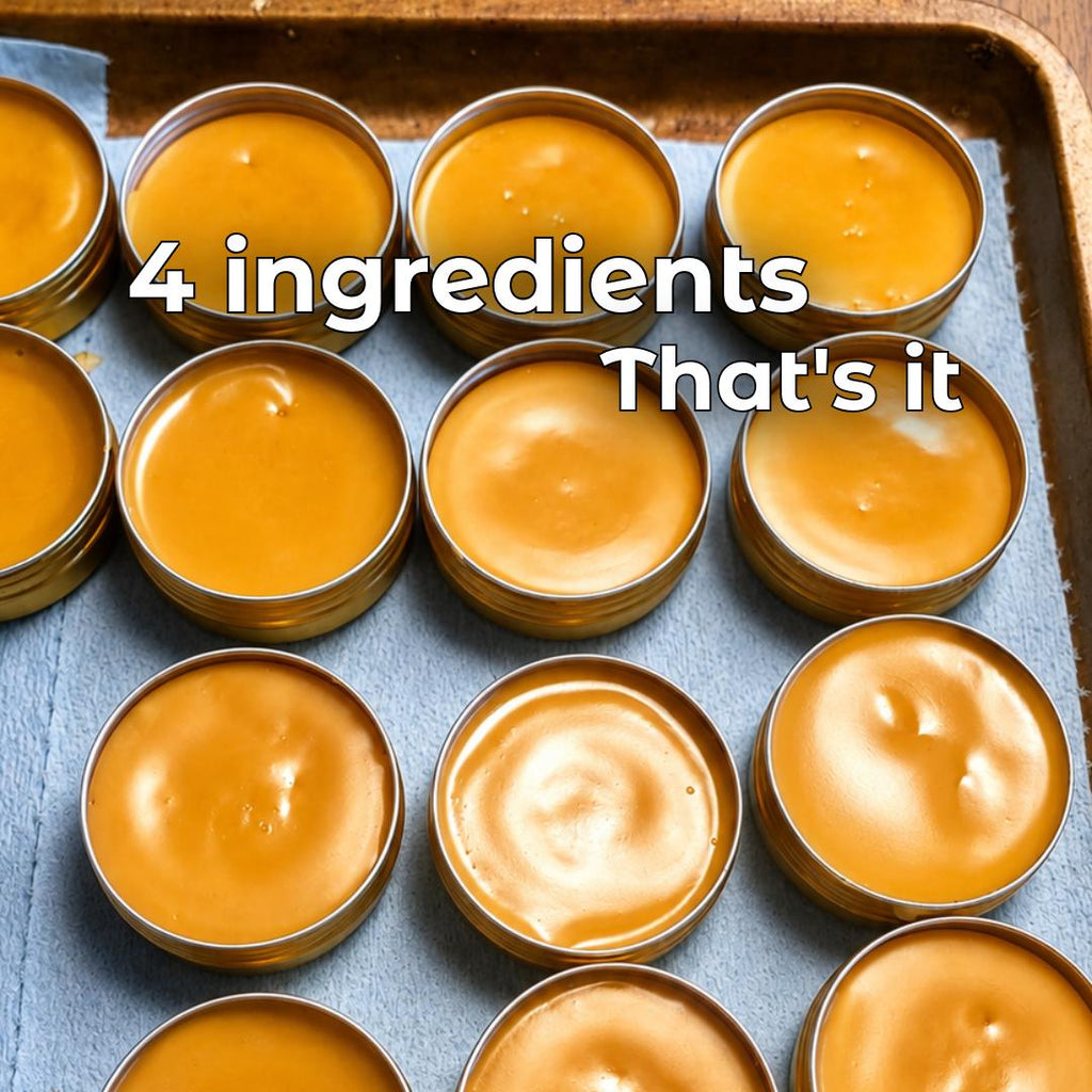 Small-batch tins filled with golden hand salve cooling on a tray, with text reading “4 ingredients, That’s it,” showing the handmade production process for Rockhounder’s Salve.