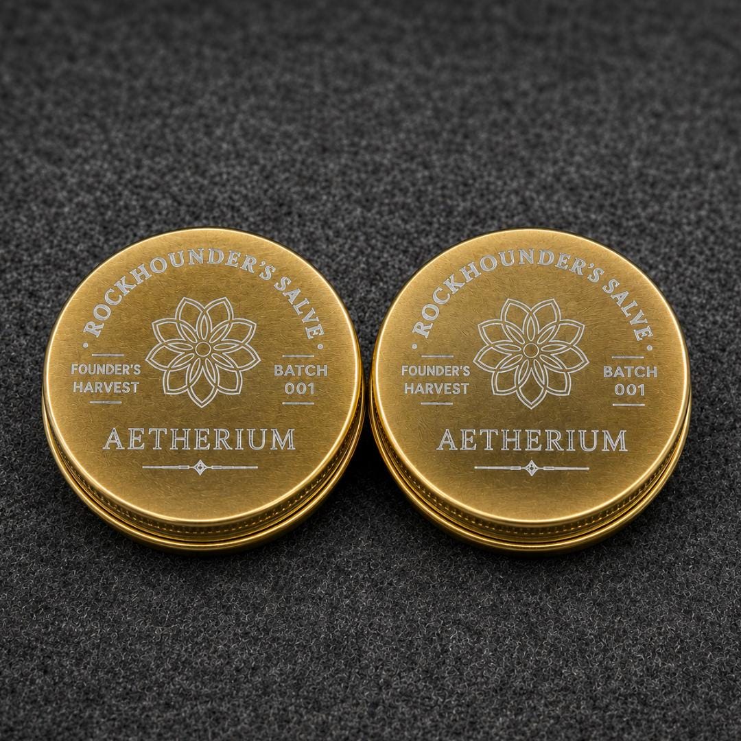 Two engraved gold tins of Rockhounder’s Salve shown side by side on a dark textured surface, presenting a two-pack bundle or buy-two-and-save option for pine and cedar hand balm.