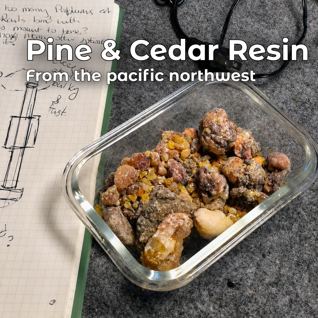 Raw pine and cedar resin collected in the Pacific Northwest, shown in a glass container on a workshop bench beside handwritten design notes. This forest-foraged resin is cleaned, filtered, and blended into Aetherium Rockhounder’s Salve, a small-batch hand balm made with simple natural ingredients.