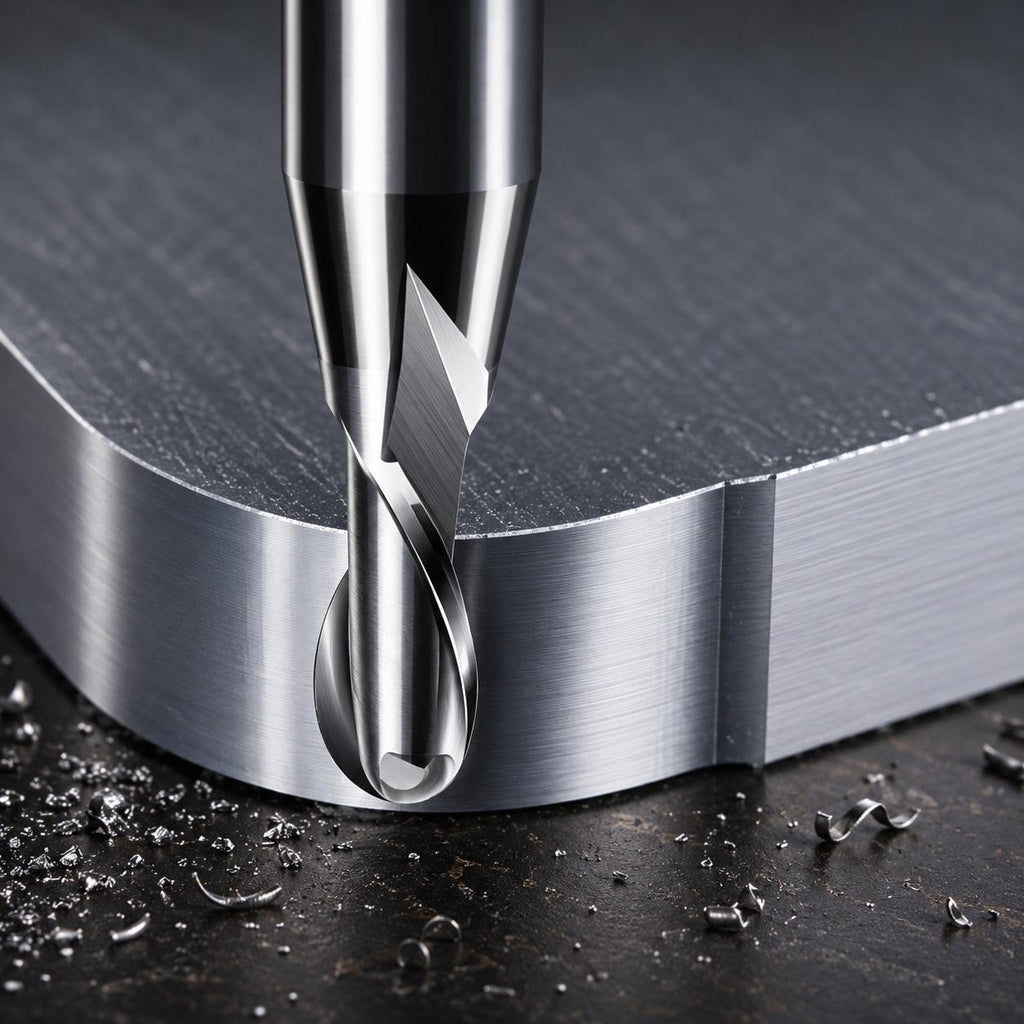 3.175mm 1/8 inch shank ball nose end mill cutting aluminum stock, two flute carbide cutter designed for CNC contouring, 3D finishing, relief carving and precision metal machining on desktop CNC mills including Carvera Air systems.