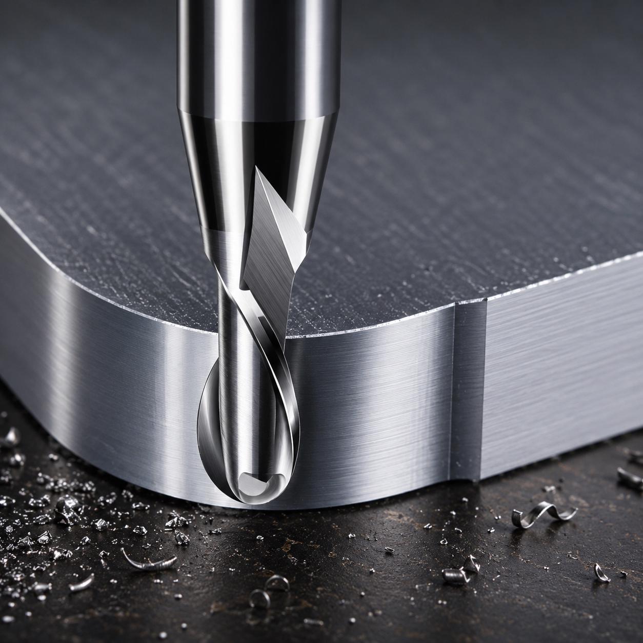 3.175mm 1/8 inch shank ball nose end mill cutting aluminum stock, two flute carbide cutter designed for CNC contouring, 3D finishing, relief carving and precision metal machining on desktop CNC mills including Carvera Air systems.