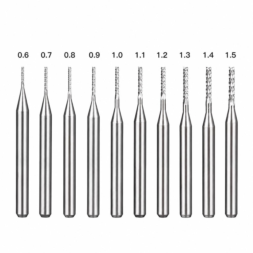 Corn Bit size selection for PCB fabrication, FR4 machining, carbon fiber cutting, fiberglass milling, and G10 composite routing. Available diameters from 0.6mm to 1.5mm with 1/8 inch shank compatibility for desktop CNC machines, prototype manufacturing, circuit board production, and precision composite work.