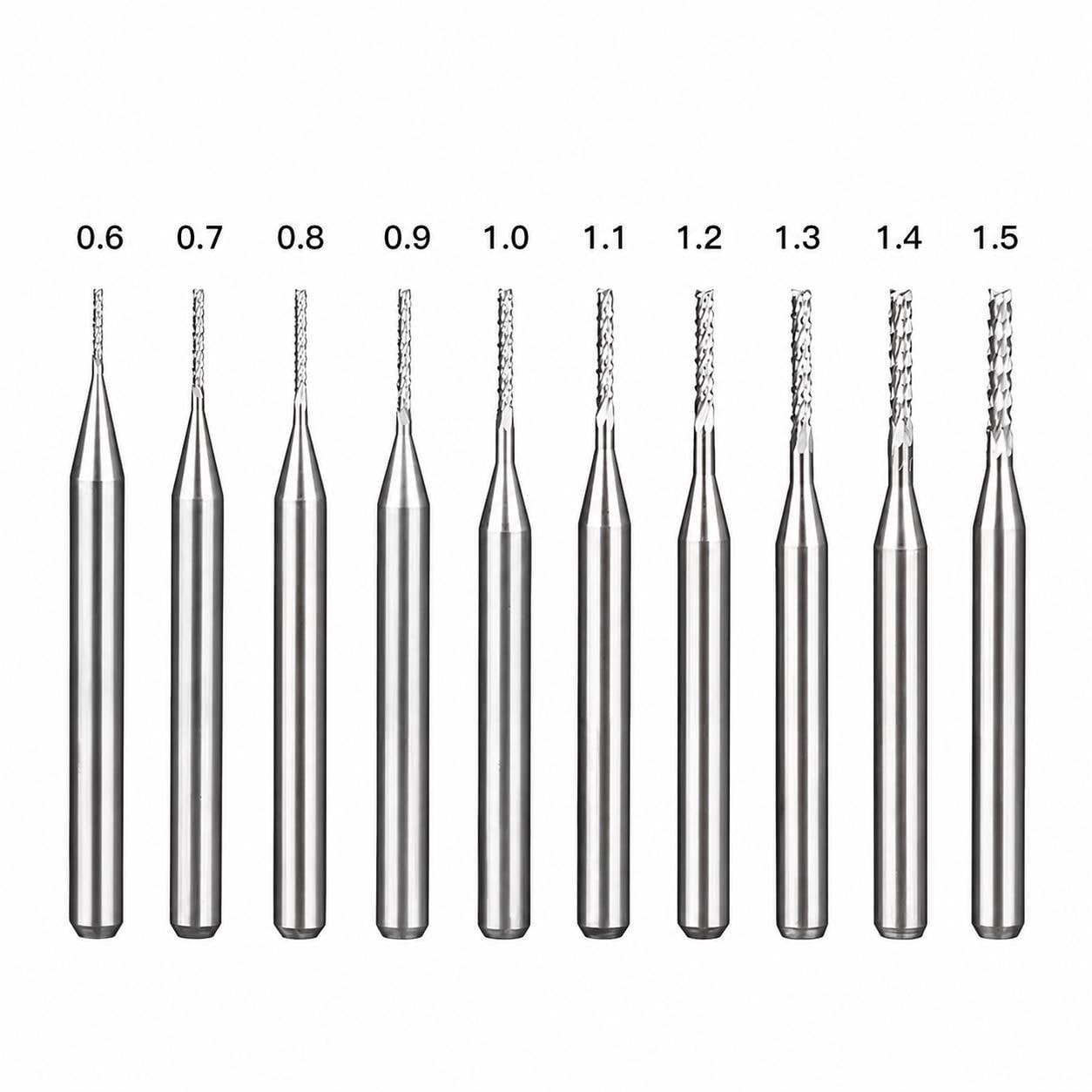 Corn Bit size selection for PCB fabrication, FR4 machining, carbon fiber cutting, fiberglass milling, and G10 composite routing. Available diameters from 0.6mm to 1.5mm with 1/8 inch shank compatibility for desktop CNC machines, prototype manufacturing, circuit board production, and precision composite work.