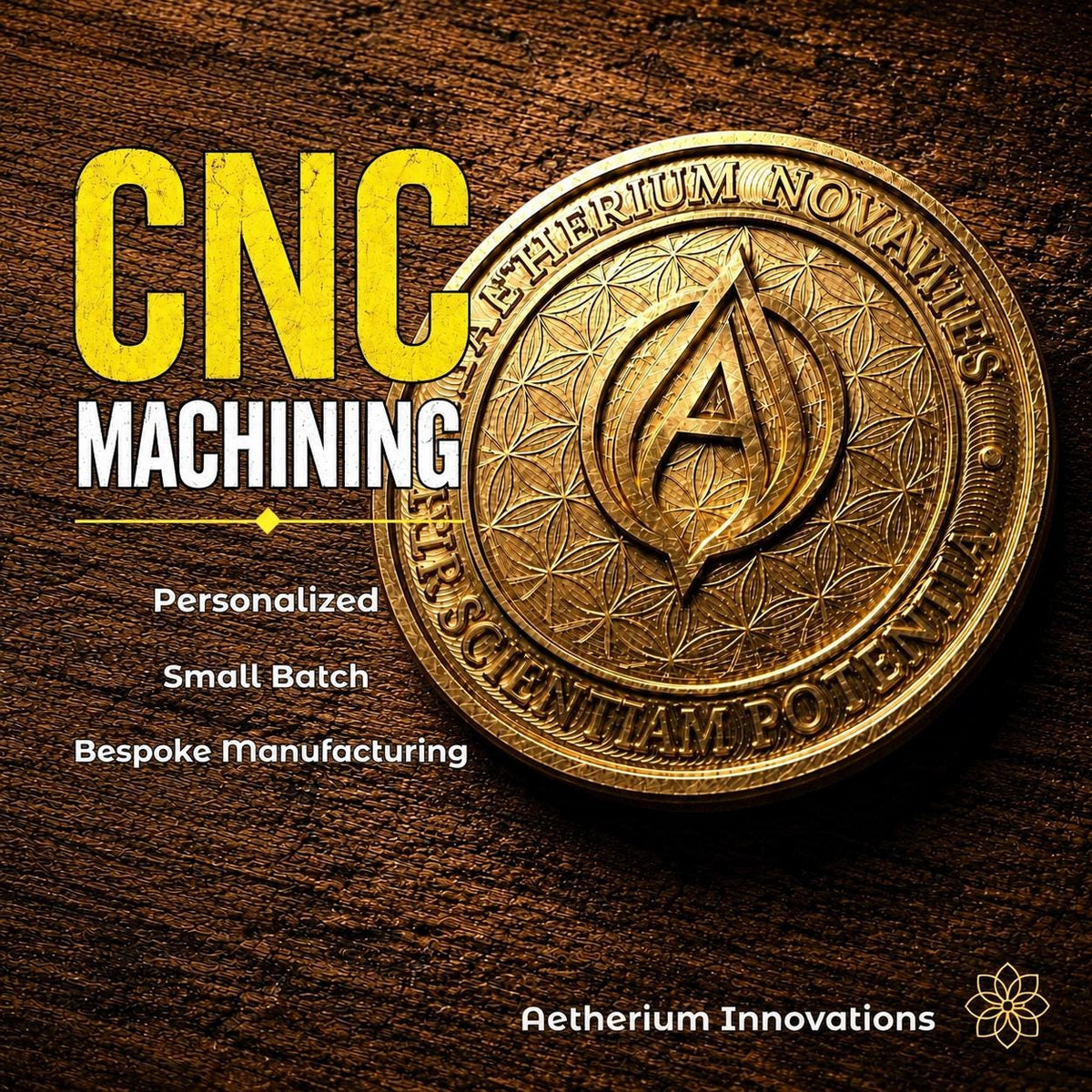 Personalized CNC machining service by Aetherium Innovations featuring a precision-machined brass medallion with intricate geometric engraving and company insignia. Promotional graphic highlights personalized manufacturing, small batch production, and bespoke CNC machining services. Ideal for prototypes, custom parts, engraved components, product development, maker projects, and specialty manufacturing.