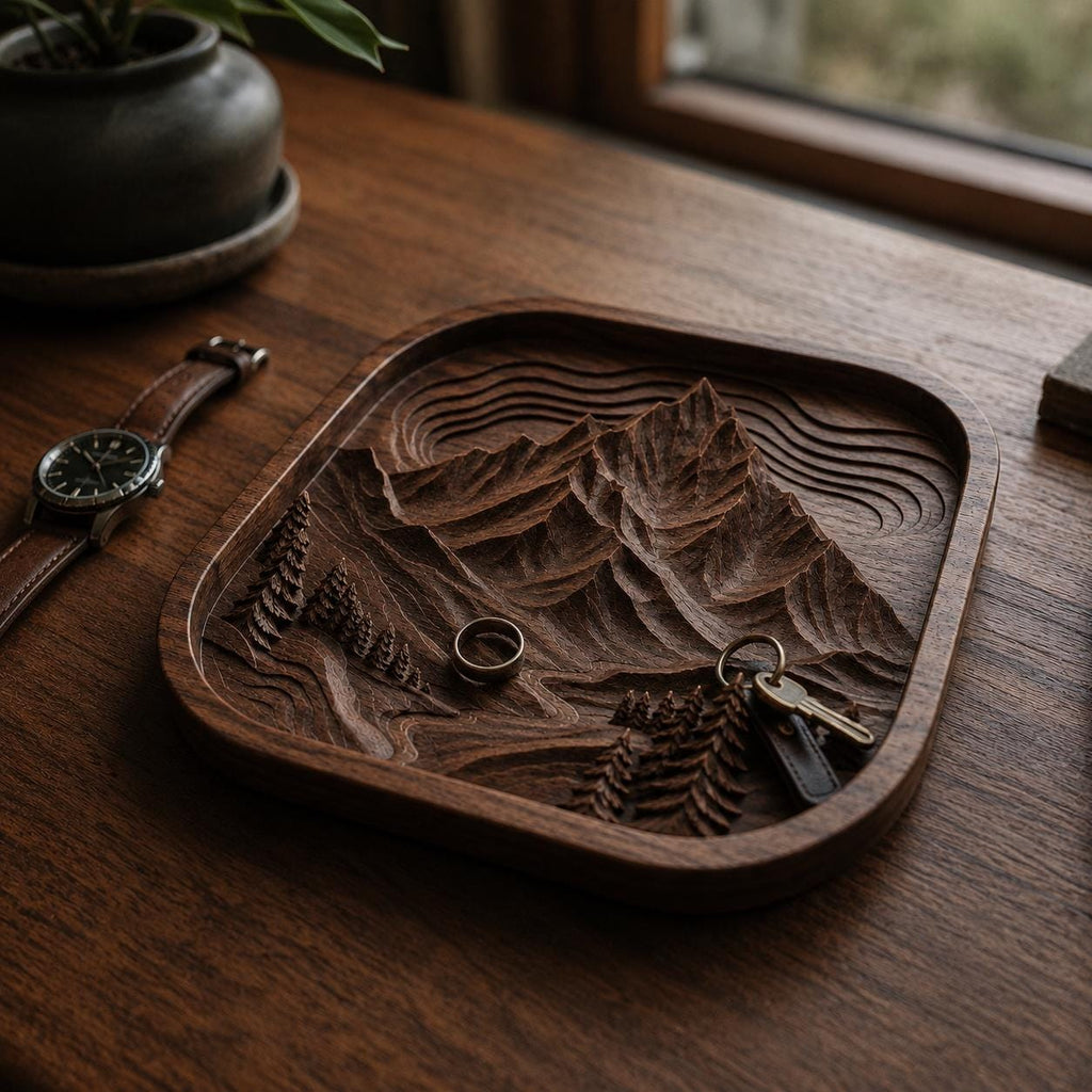 Wooden mountain relief tray on a desk with keys, ring, and watch, showing how bespoke CNC woodworking can become a finished functional object, custom valet tray, carved keepsake, heirloom gift, cabin decor piece, or made-to-order hardwood commission.