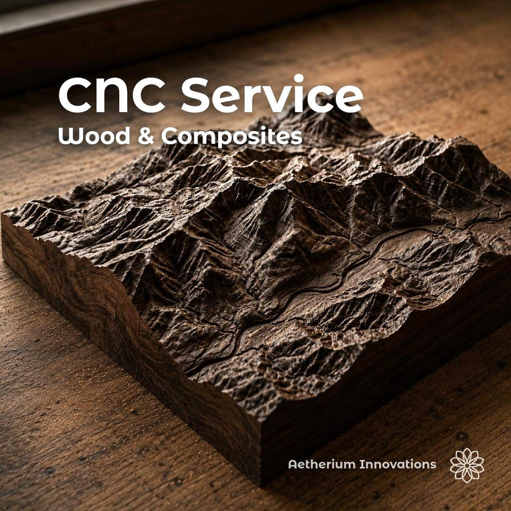 CNC service for wood and composites shown with a detailed hardwood mountain relief carving, representing custom woodworking