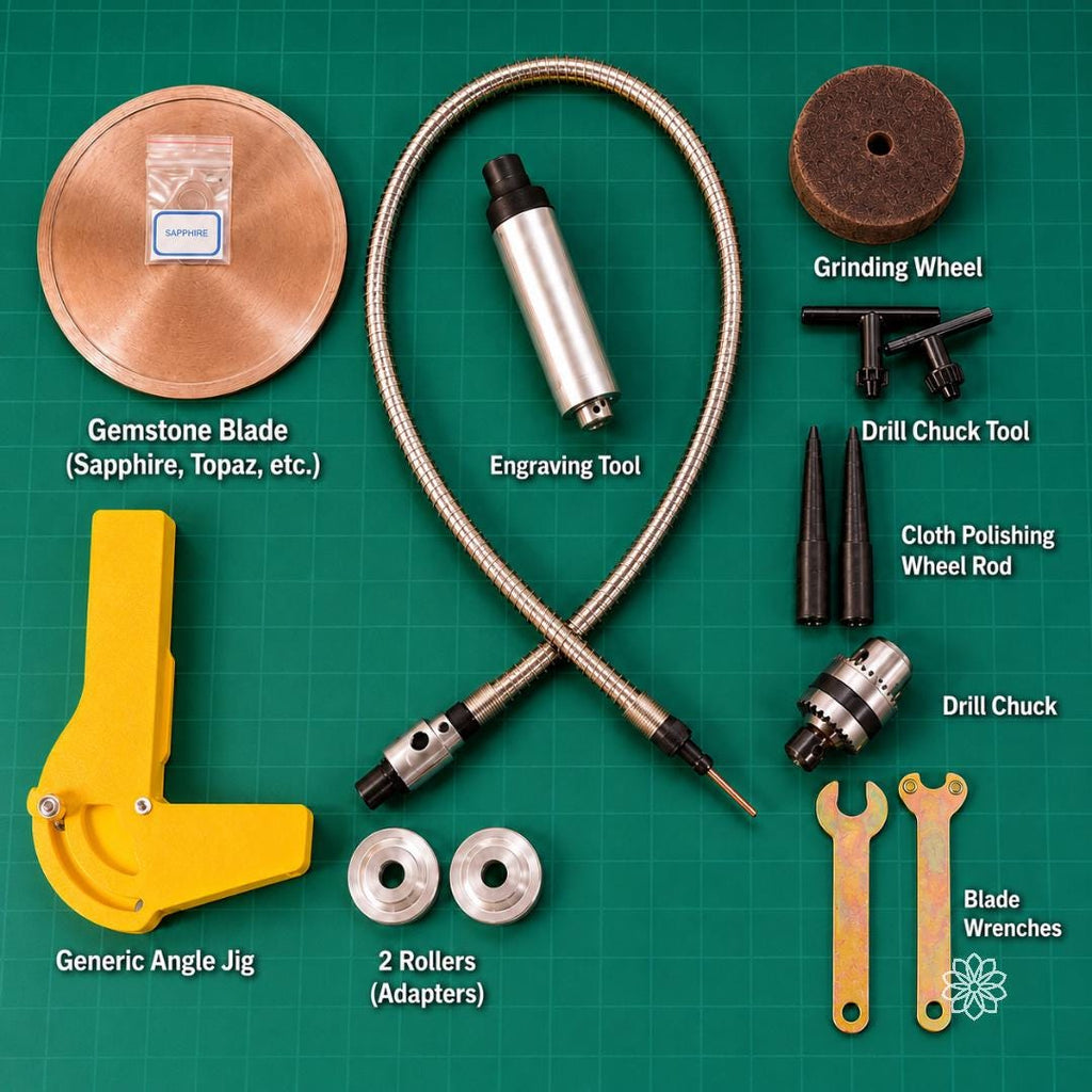 Included Cut n’ Cab V2 MakerSpace Edition accessories arranged on a green cutting mat, including gemstone blade, engraving tool, grinding wheel, drill chuck, polishing rods, blade wrenches, rollers, and generic angle jig for modular maker workflows.
