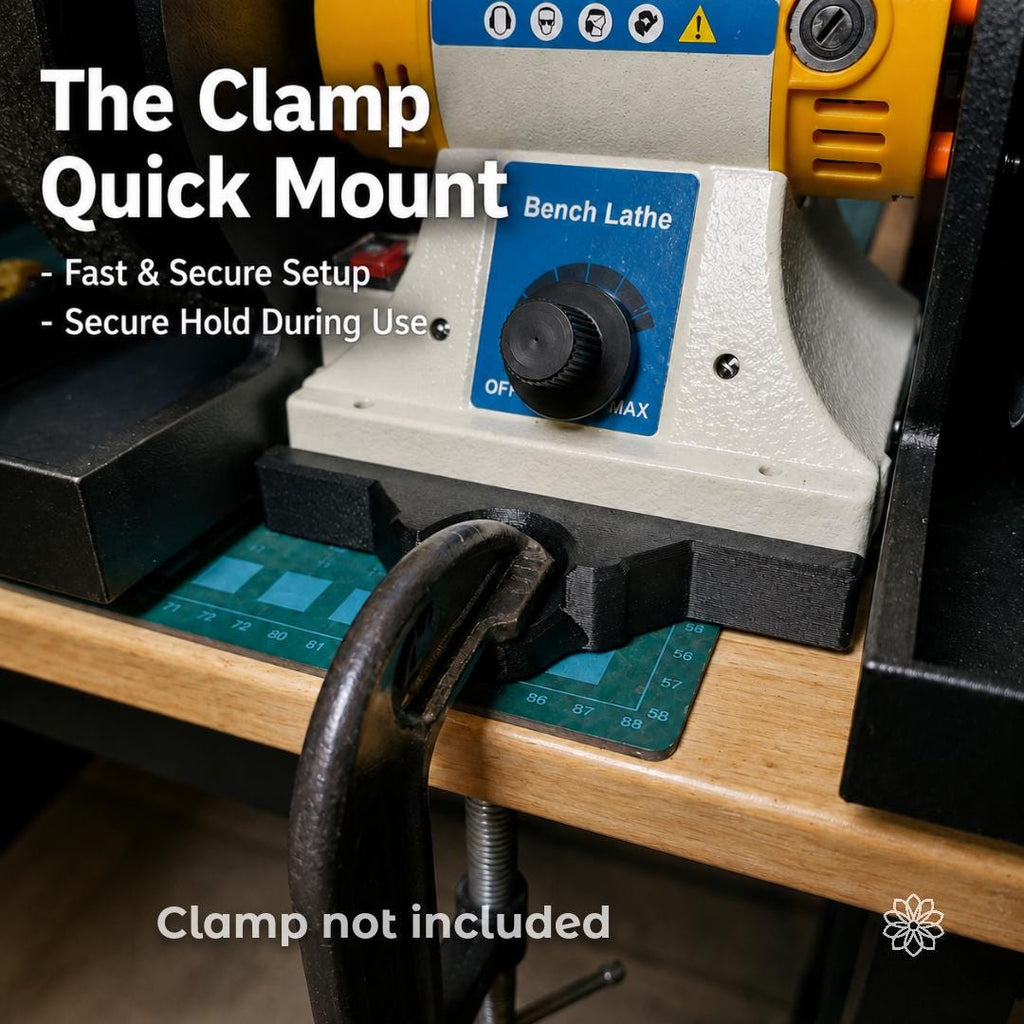 Cut n’ Cab V2 MakerSpace Edition shown with the clamp quick mount secured to a workbench edge, highlighting fast setup, stable hold during use, and compact bench mounting for small-shop cutting, grinding, polishing, and maker workstation workflows.