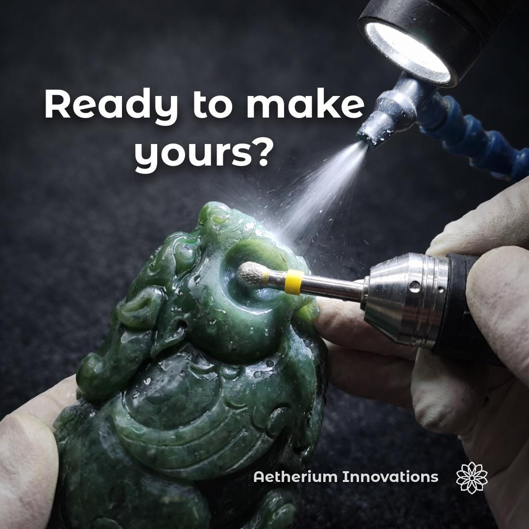 Wet rotary tool polishing a carved green stone under active water spray, showing the type of controlled abrasive finishing work supported by Aetherium maker tools for stone carving, polishing, and detailed workshop projects.