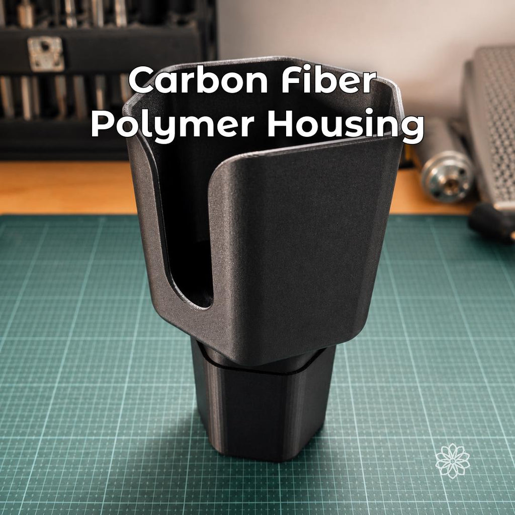 Side view of the black carbon fiber polymer Nalgene cup holder adapter with tall bottle support walls, center console insert base, and open side cutout for easy bottle access in Jeep interiors.
