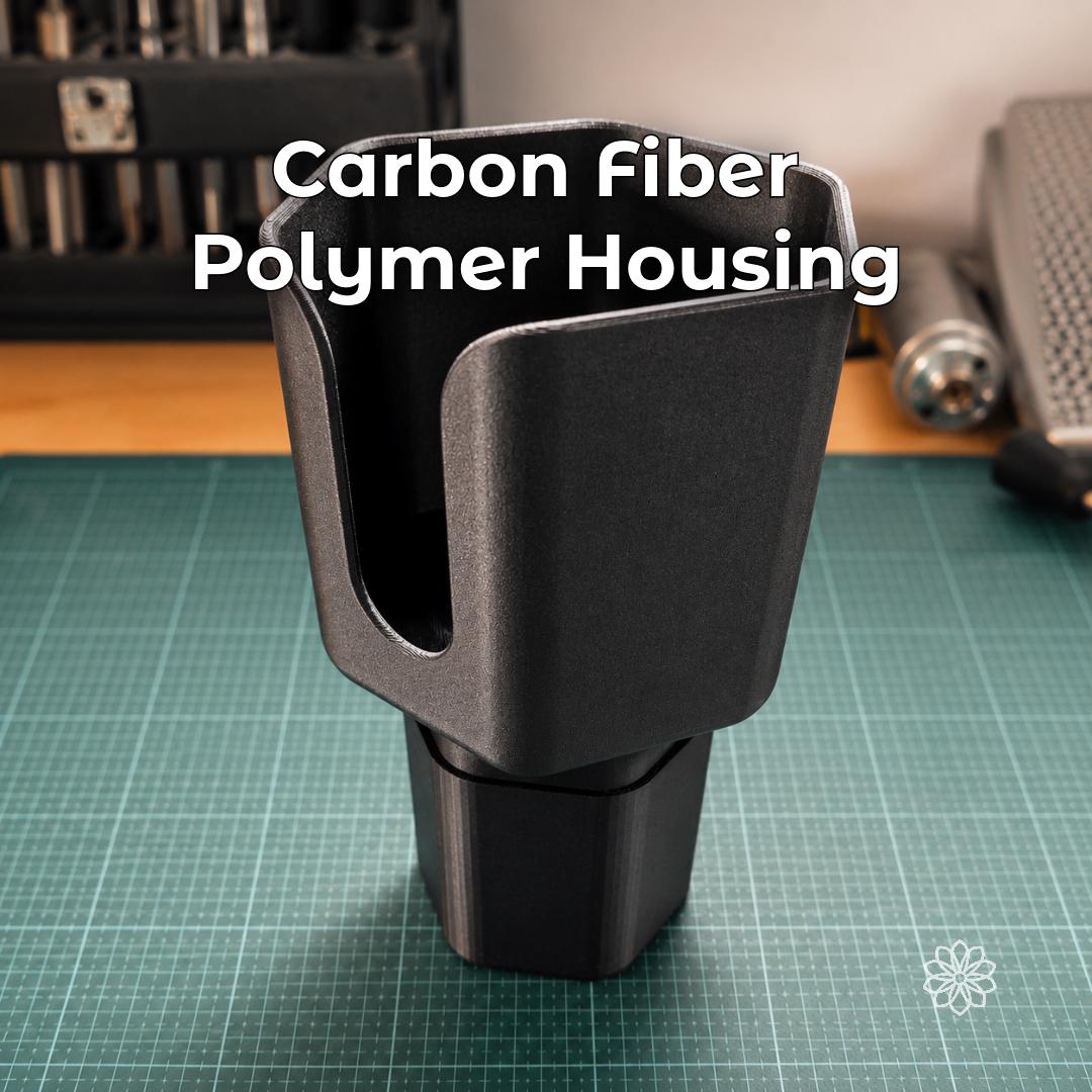 Side view of the black carbon fiber polymer Nalgene cup holder adapter with tall bottle support walls, center console insert base, and open side cutout for easy bottle access in Jeep interiors.