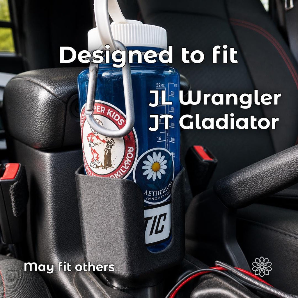 Black Nalgene bottle holder fitted in a Jeep Wrangler JL or Gladiator JT center console, designed to support a 32oz wide-mouth bottle with a secure drop-in fit for daily driving, camping, and trail use.