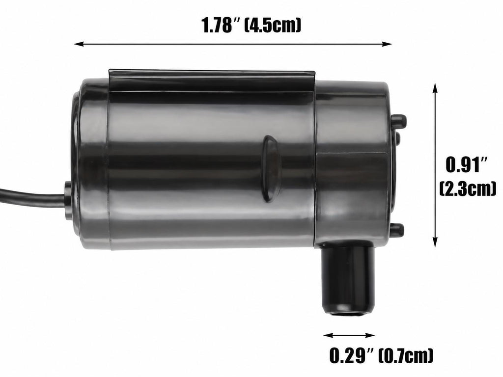 Mini DC water pump motor shown in side profile on a white background with measurement arrows. Dark translucent plastic cylindrical body with left power wire, top clip, side molded detail, rear contact pins, and downward hose outlet. Dimensions shown: 1.78 in long, 0.91 in tall, and 0.29 in / 7 mm outlet diameter for small flexible tubing.