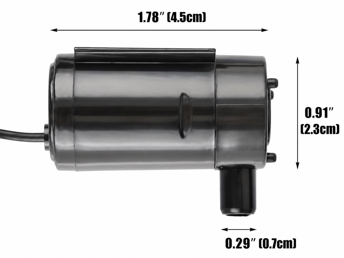Mini DC water pump motor shown in side profile on a white background with measurement arrows. Dark translucent plastic cylindrical body with left power wire, top clip, side molded detail, rear contact pins, and downward hose outlet. Dimensions shown: 1.78 in long, 0.91 in tall, and 0.29 in / 7 mm outlet diameter for small flexible tubing.