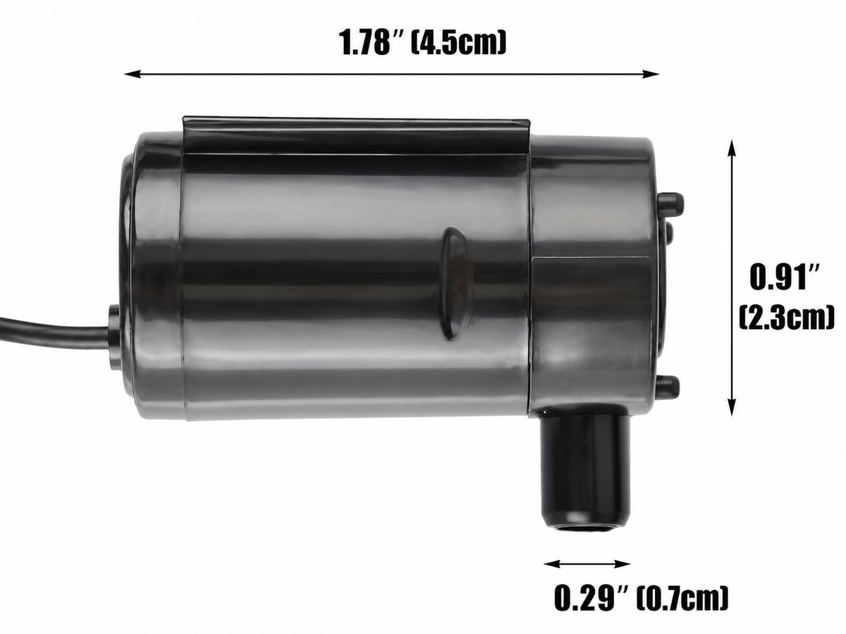 Mini DC water pump motor shown in side profile on a white background with measurement arrows. Dark translucent plastic cylindrical body with left power wire, top clip, side molded detail, rear contact pins, and downward hose outlet. Dimensions shown: 1.78 in long, 0.91 in tall, and 0.29 in / 7 mm outlet diameter for small flexible tubing.