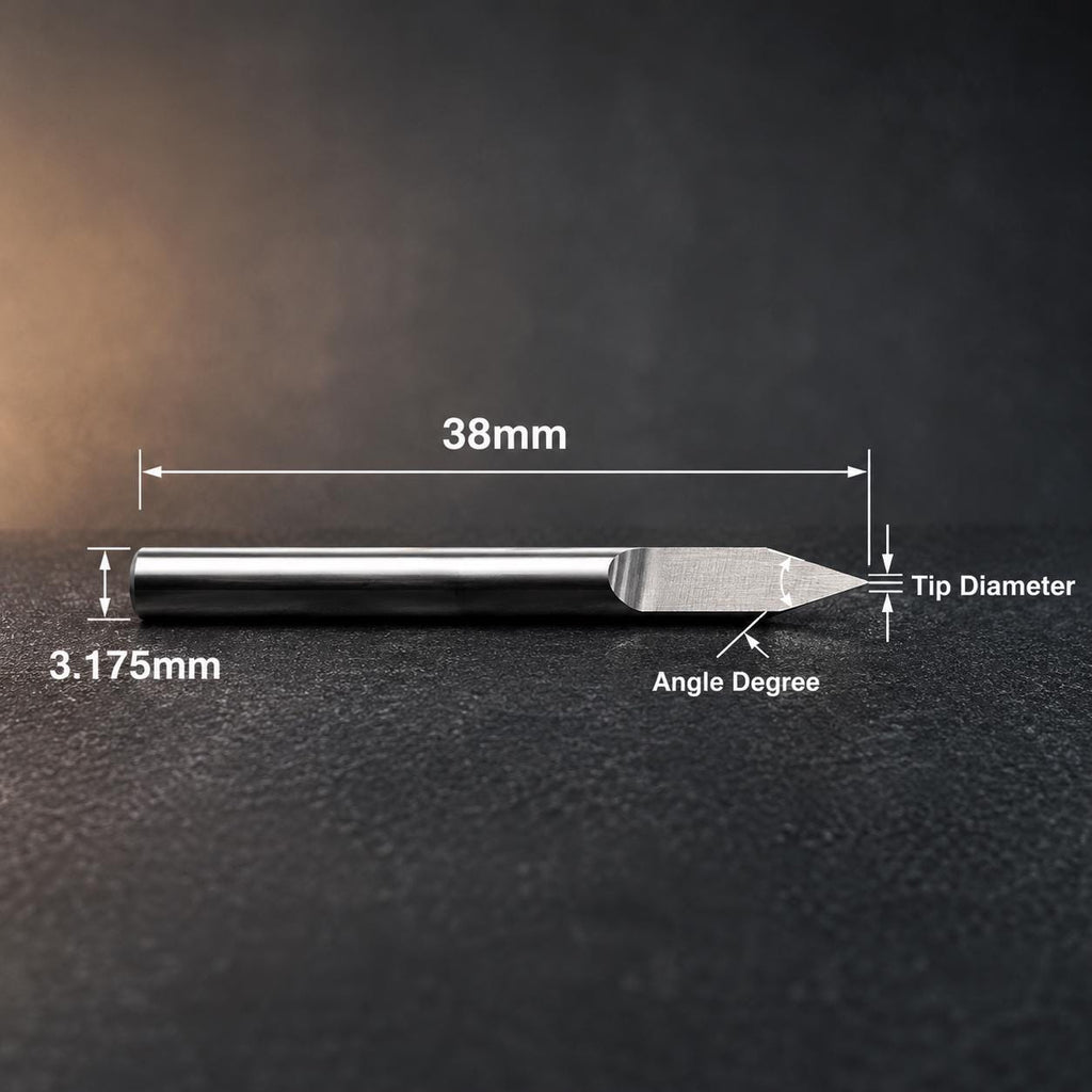 Technical profile view of a carbide metal engraving bit showing 3.175mm shank diameter and 38mm overall length. Precision V engraving cutter for CNC engraving in brass, aluminum, copper, silver, gold, jewelry, coins, custom badges, and detailed metal artwork. Designed for desktop CNC machines using standard 1/8 inch collets including Carvera Air and Makera Z1.