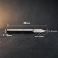 Technical profile view of a carbide metal engraving bit showing 3.175mm shank diameter and 38mm overall length. Precision V engraving cutter for CNC engraving in brass, aluminum, copper, silver, gold, jewelry, coins, custom badges, and detailed metal artwork. Designed for desktop CNC machines using standard 1/8 inch collets including Carvera Air and Makera Z1.