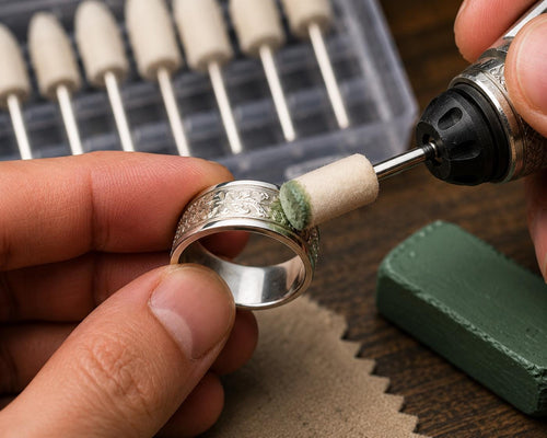 Hands using a rotary tool fitted with a felt polishing bob charged with polishing compound to refine an engraved silver ring. Close-up jewelry finishing workflow showing detail polishing in tight areas where larger buffing wheels cannot reach. Hard felt polishing point with 2.35mm shank used for jewelry making, metal finishing, engraving, restoration, lapidary work, and precision polishing applications.