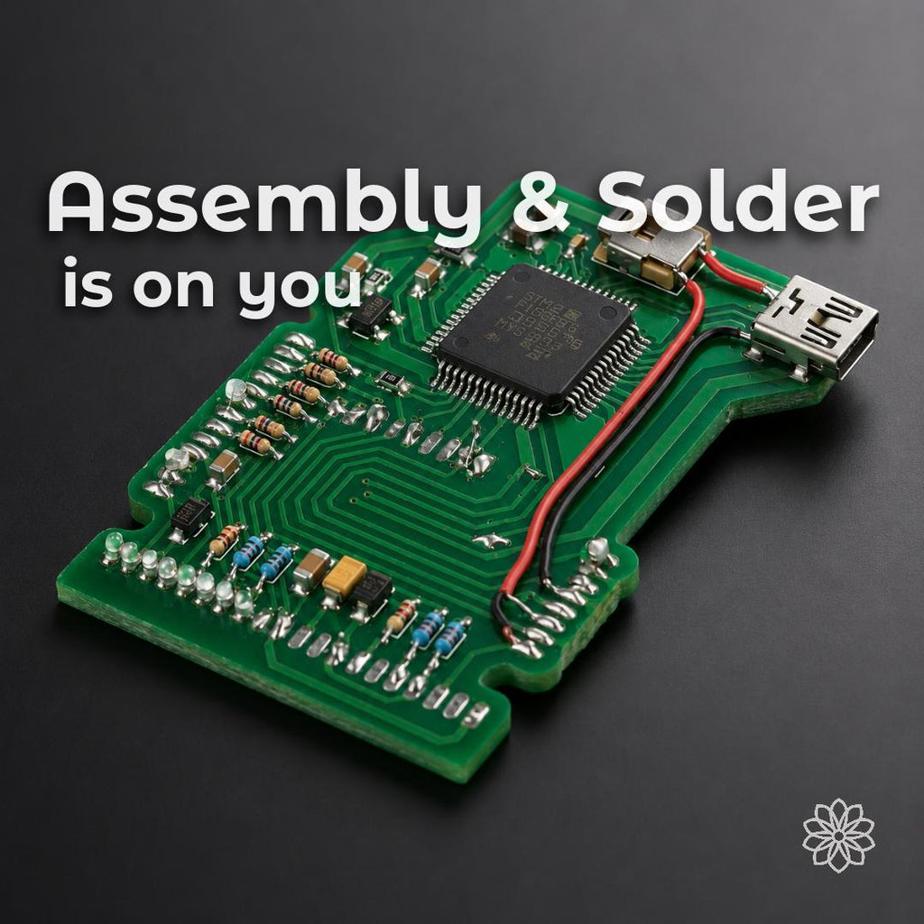 Assembled custom circuit board illustrating the next stage after PCB fabrication. This service supplies the CNC-machined prototype board; electronic component sourcing, soldering, programming, and assembly are completed by the customer.