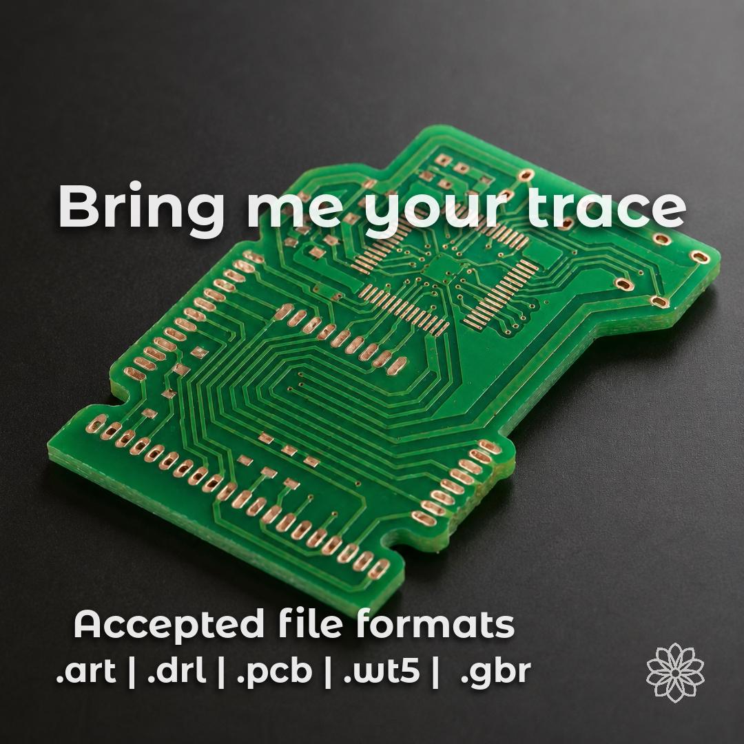 Custom PCB prototype shown with exposed copper traces and component pads. Submit supported Gerber, drill, PCB, ART, or Makera-compatible files for CNC circuit board routing and prototype fabrication.