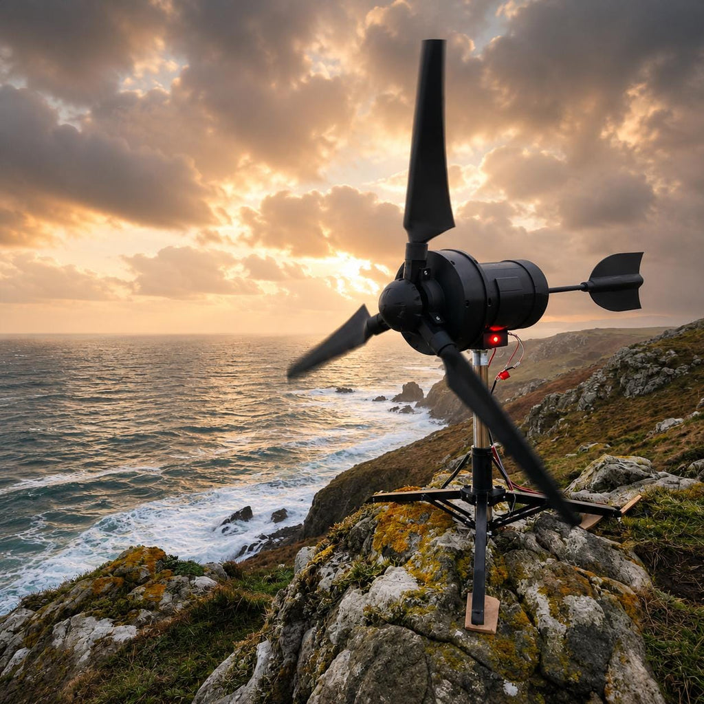 Experimental Daisy Power Systems wind turbine mounted outdoors on a rocky coastline during high wind conditions. Three-blade rotor spinning against an ocean backdrop. Used to validate blade performance, charging output, and prototype durability in real environments.