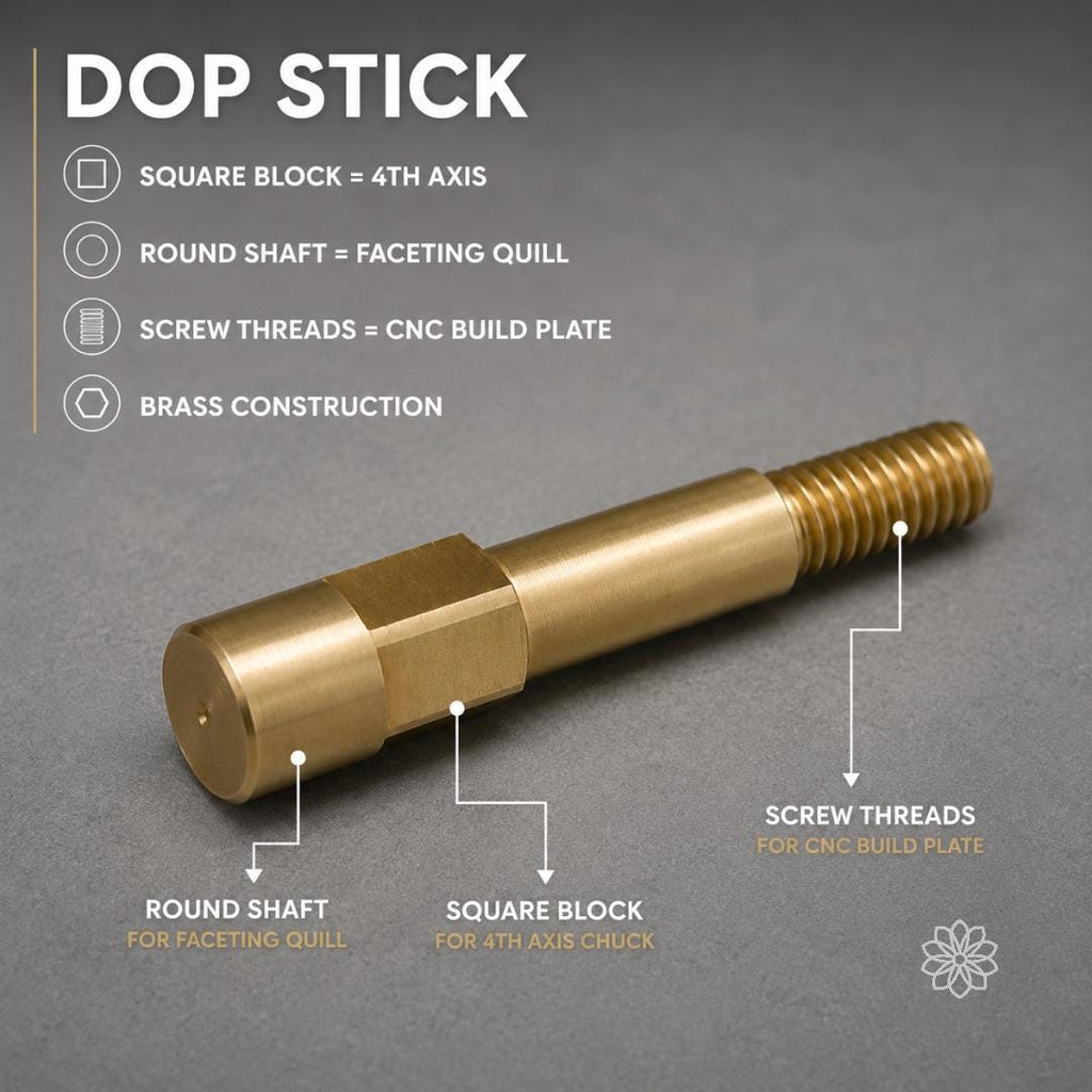 Close-up of a brass Dop of All Trades dop stick showing the faceting quill shaft, square block for 4th axis chuck