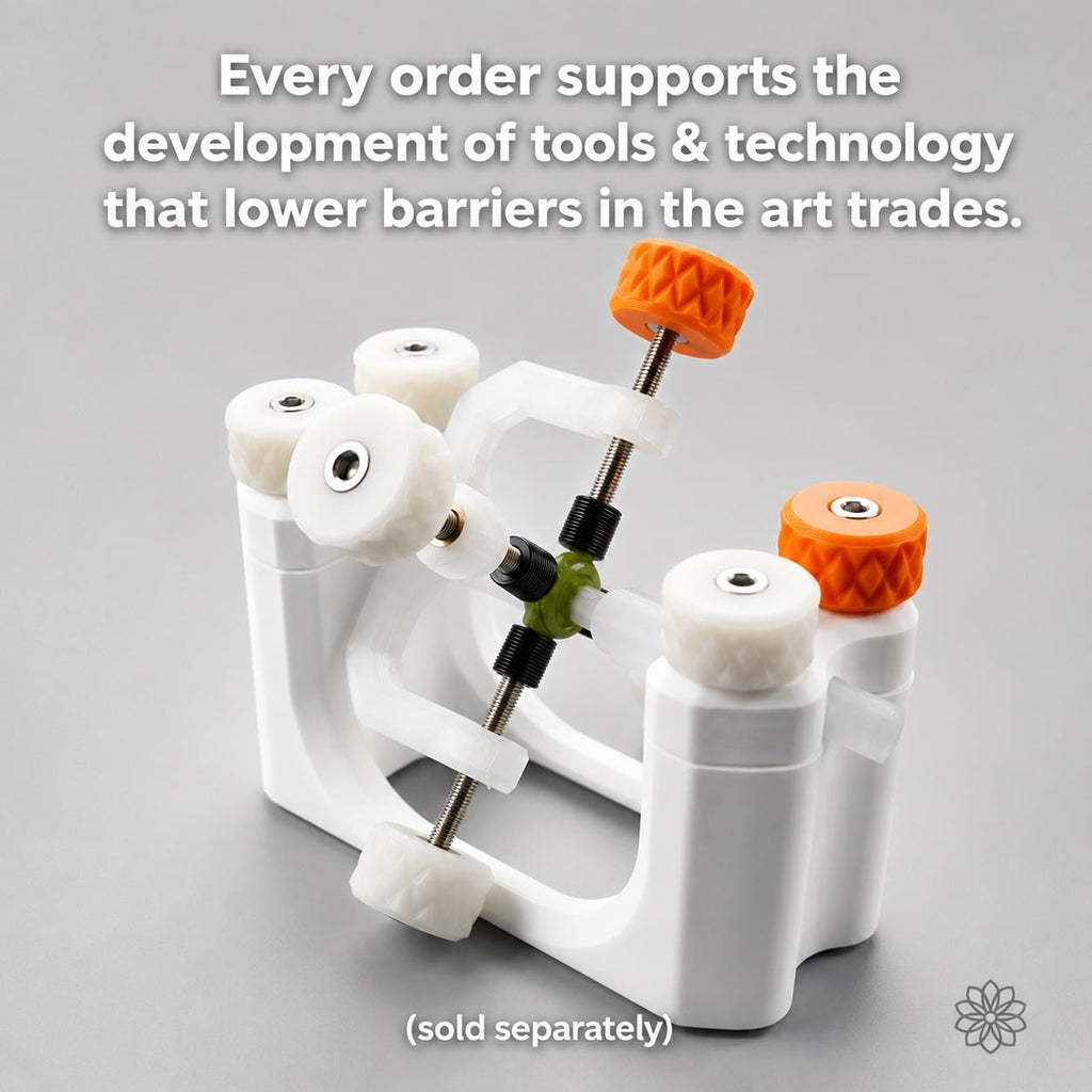 Aetherium Innovations Gem Axis centering jig with adjustable rollers and precision alignment hardware for accurately centering gemstones before carving, engraving, faceting, or CNC machining. Every purchase supports the development of innovative tools for the skilled art trades.