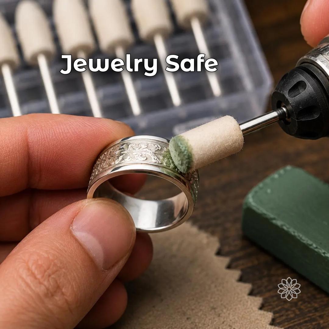 Wool felt polishing bob applying polishing compound to an engraved silver ring. Jewelry polishing accessory for rotary tools, metal finishing, ring polishing, silver jewelry care, lapidary work, and detailed surface finishing.