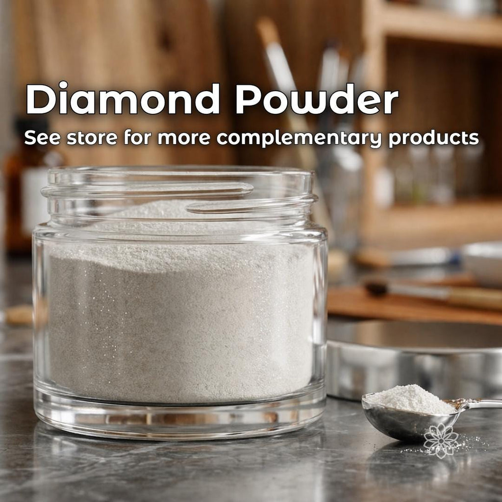Jar of fine diamond powder shown on a workshop bench for polishing stone, glass, metal, and gemstones. Complementary lapidary polishing compound for wool felt bobs, rotary tools, jewelry finishing, cabochons, and detailed surface polishing.