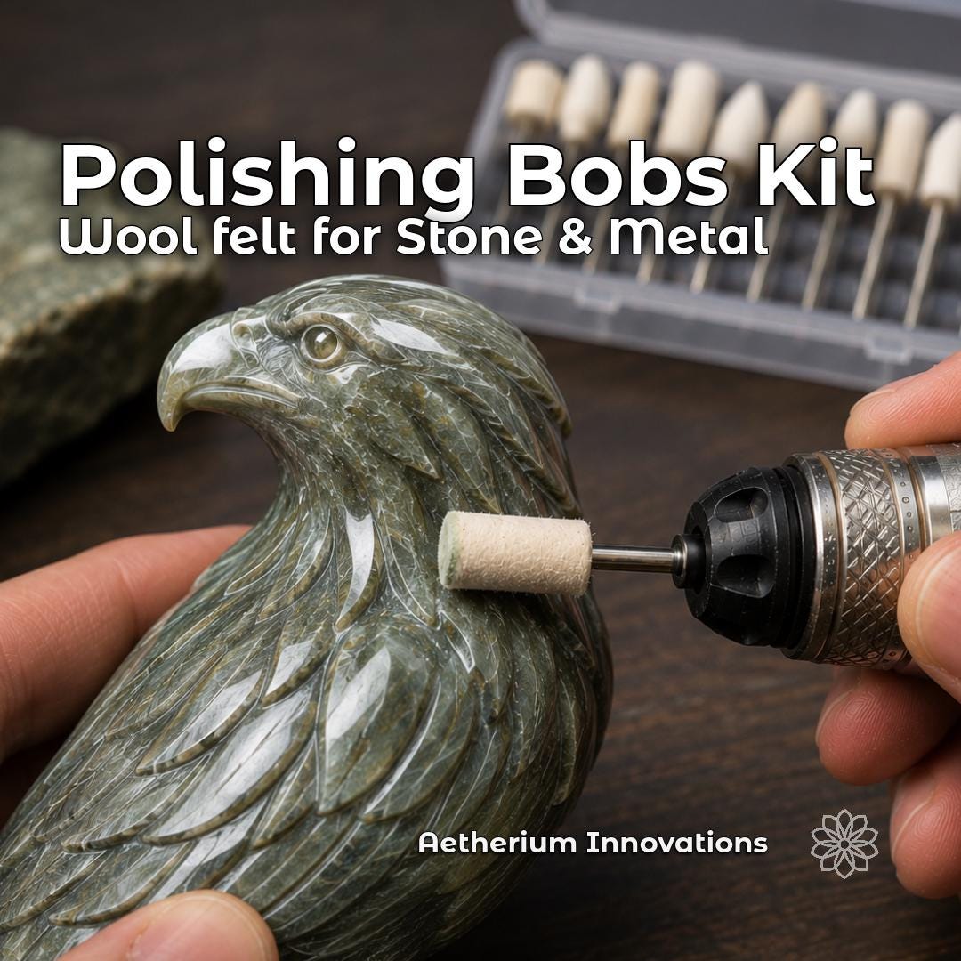 Wool felt polishing bob mounted in a rotary tool polishing a carved stone eagle sculpture. Polishing Bobs Kit for stone, metal, lapidary work, jewelry finishing, gemstone polishing, rotary tool polishing, and detailed surface finishing.
