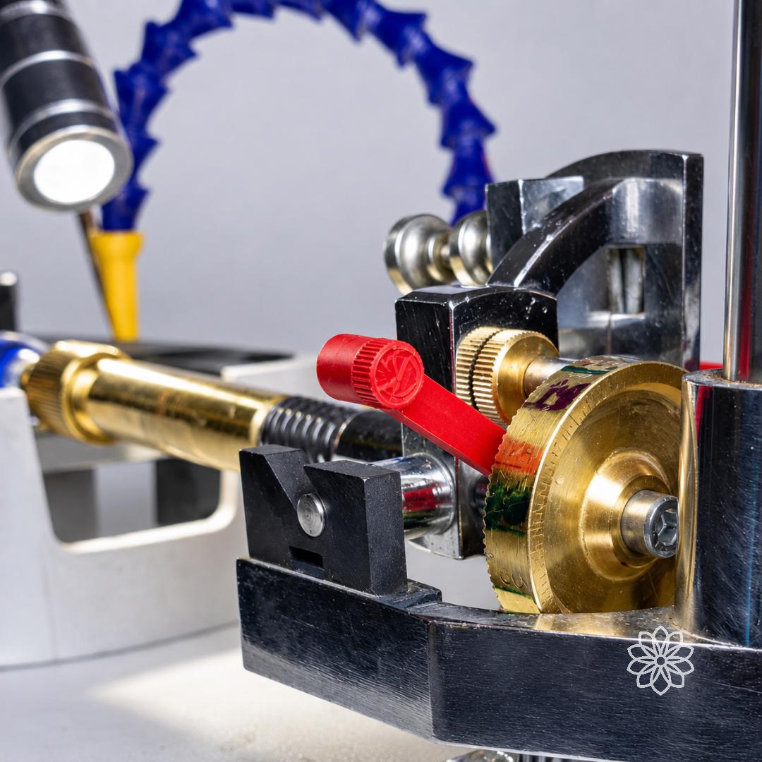 Close-up of a VEVOR faceting machine quill, index gear, mast, and red adjustment lever during gemstone cutting setup. Precision lapidary machine components for faceting, dop alignment, angle control, and stone polishing.