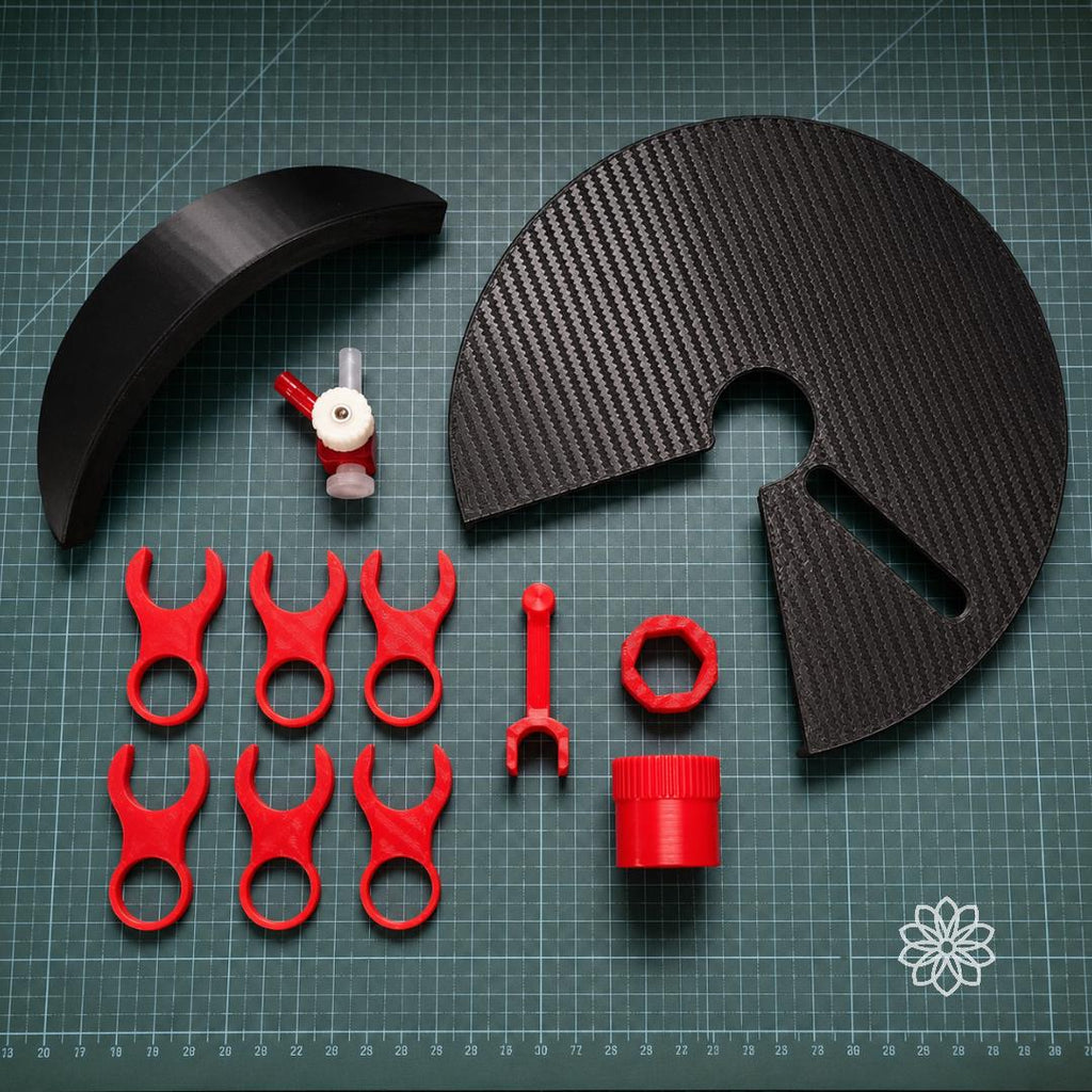 VEVOR faceting machine upgrade accessories arranged on a cutting mat, including lap cover, side baffle, water valve, mast spacers, thumb screws, and red printed fittings. Complete lapidary upgrade kit for gemstone faceting and machine setup.