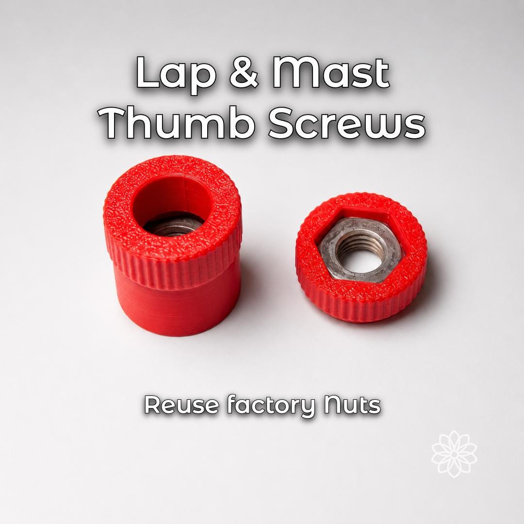 Red lap and mast thumb screws shown with reused factory nuts for a VEVOR faceting machine upgrade. Replacement grip accessories for easier machine adjustment, lapidary setup, mast control, and gemstone faceting workflows.