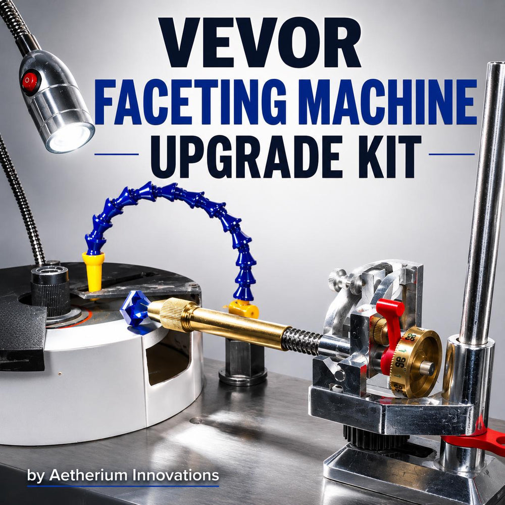 VEVOR faceting machine upgrade kit shown installed on a lapidary faceting machine with water line, light, mast, quill, and accessory parts. Upgrade bundle for gemstone cutting, faceting, lapidary work, dop alignment, machine control, and precision stone polishing.