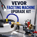 VEVOR faceting machine upgrade kit shown installed on a lapidary faceting machine with water line, light, mast, quill, and accessory parts. Upgrade bundle for gemstone cutting, faceting, lapidary work, dop alignment, machine control, and precision stone polishing.