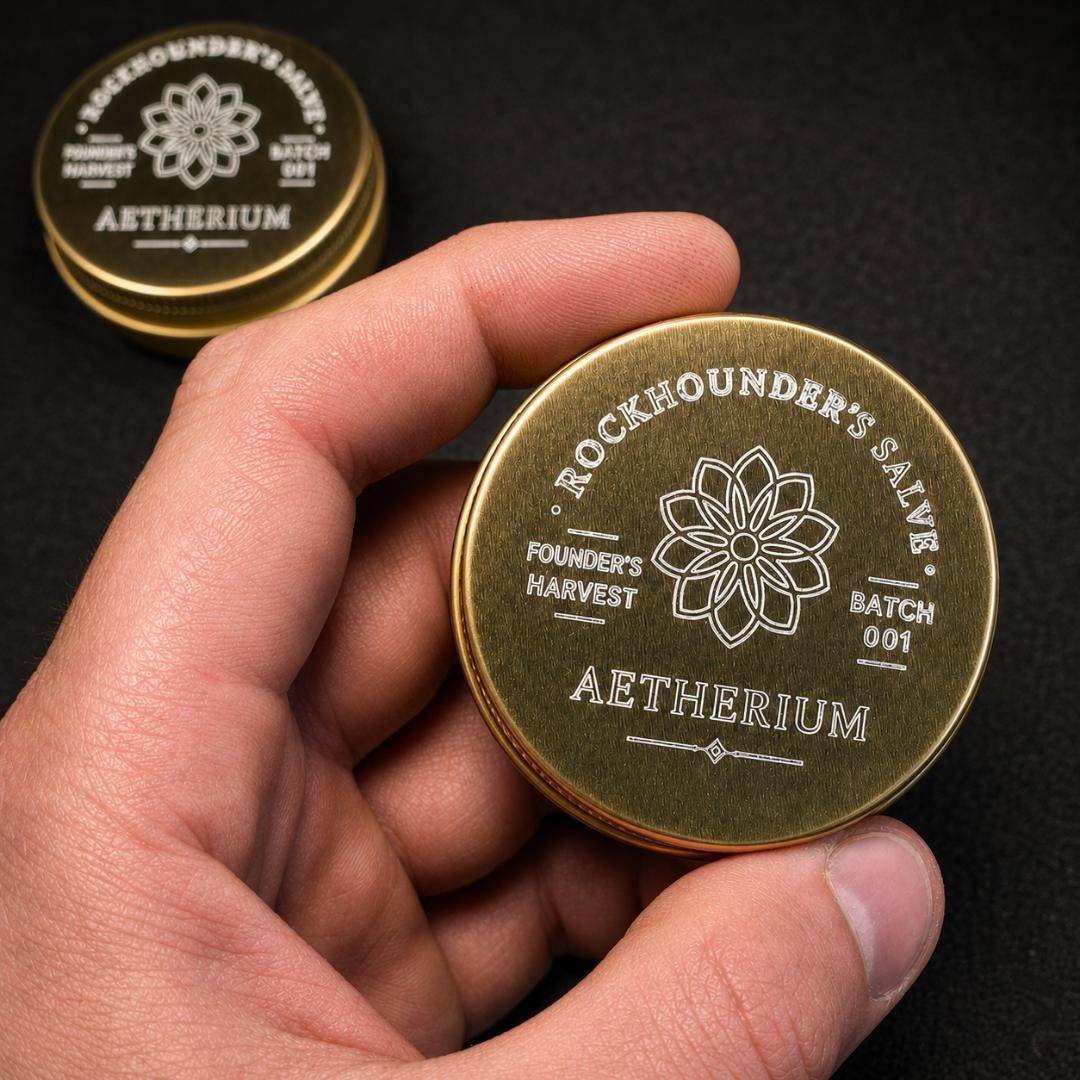 Hand holding a small engraved gold tin of Rockhounder’s Salve, showing the Aetherium logo, Founder’s Harvest batch marking, and pocket-size scale for outdoor, camping, and workshop use.