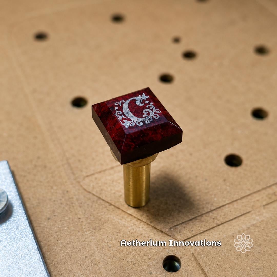 Red engraved gemstone or resin piece mounted on a brass dop stick, shown on a CNC work surface with Aetherium Innovations text and daisy logo watermark.