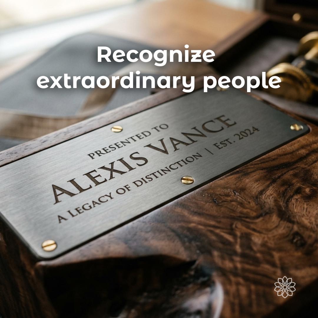 Personalized engraved walnut presentation box with brushed metal dedication plaque honoring executive achievement. Luxury corporate recognition gift featuring precision engraving, premium woodworking, custom fabrication, executive appreciation, retirement gifts, milestone awards, commemorative presentation boxes, bespoke business gifts, and handcrafted branding solutions by Aetherium Innovations.