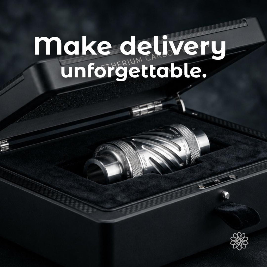 Premium branded presentation box showcasing a precision machined titanium component nestled in custom black foam inside a luxury carbon fiber case. Example of bespoke executive gifting, premium packaging, corporate recognition, product launch presentation, VIP client gifts, custom fabrication, CNC machining, industrial design, presentation experience, luxury branding service by Aetherium Innovations.