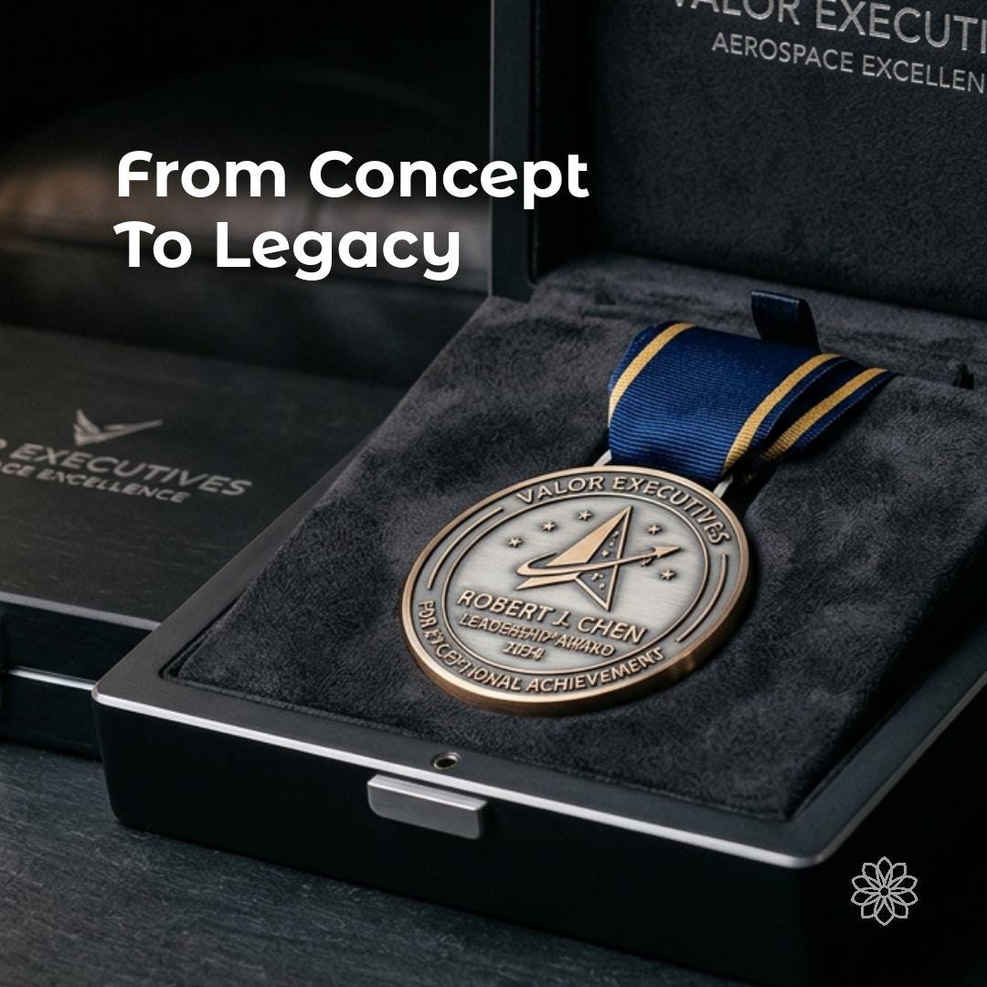 Executive recognition medal displayed inside a premium presentation case, illustrating the journey from concept development through custom manufacturing and final delivery. Example of bespoke corporate awards, leadership recognition, commemorative medals, executive appreciation, luxury presentation packaging, custom branding, CNC fabrication, industrial design, and premium recognition experiences.