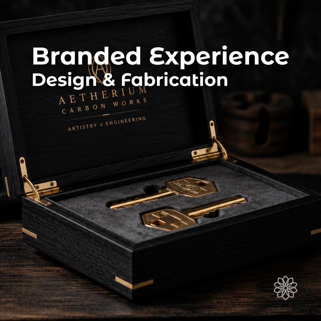 Open black wood presentation case with fitted black foam holding two custom-machined brass keys, branded Aetherium Carbon Works. White overlay reads “Branded Experience Design & Fabrication,” introducing Aetherium’s custom corporate gifting, recognition, and delivery experience service.