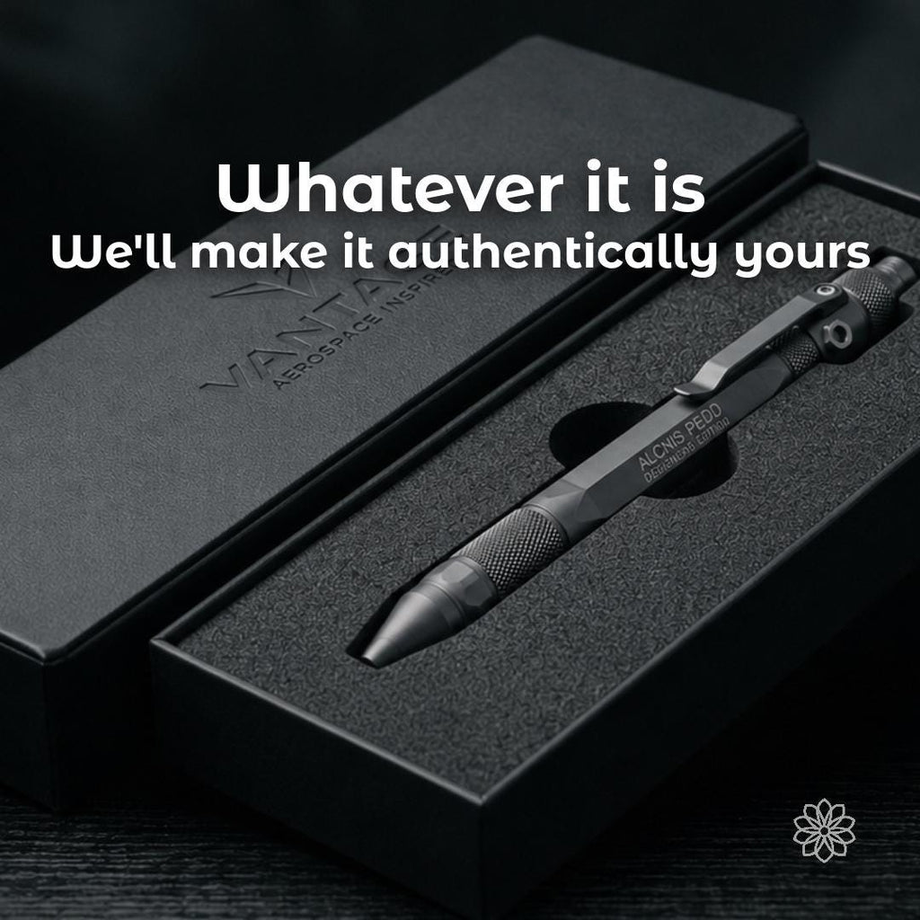 Personalized black machined pen in a fitted presentation box with recipient engraving. Overlay reads “Whatever it is, we’ll make it authentically yours,” emphasizing custom corporate gifts, controlled personalization, and small-batch fabrication.