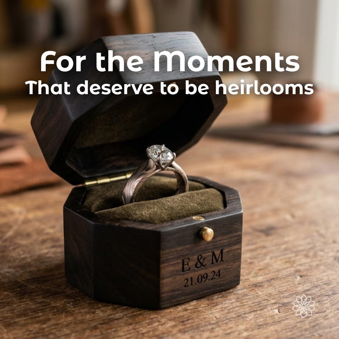Custom walnut engagement ring box engraved with initials and date, showcasing a handcrafted ring. Bespoke jewelry presentation boxes, proposal keepsakes, anniversary gifts, wedding heirlooms, personalized wood craftsmanship, and luxury commission work.