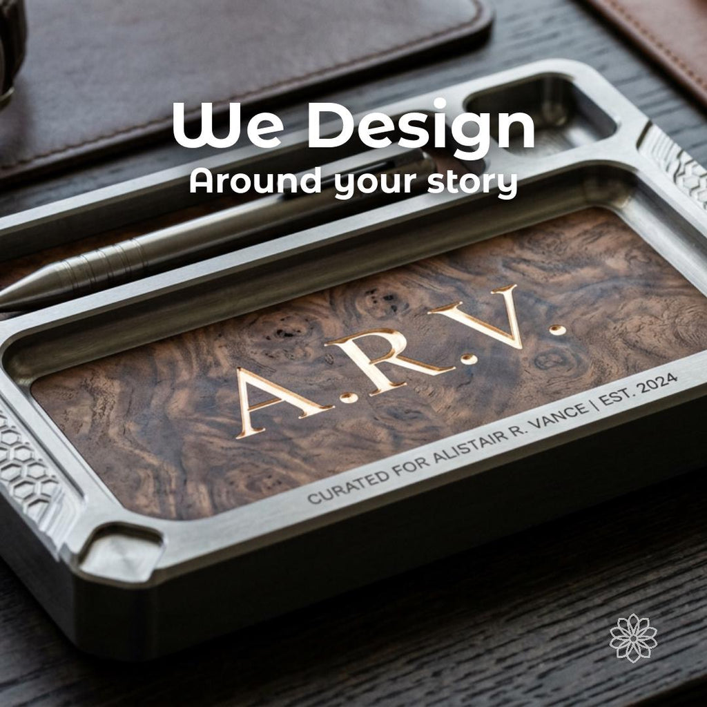 Custom designed walnut and machined aluminum tray personalized for its owner. Bespoke product design, private commissions, luxury fabrication, CNC machining, heirloom accessories, personalized gifts, custom engineering, and artisan craftsmanship.
